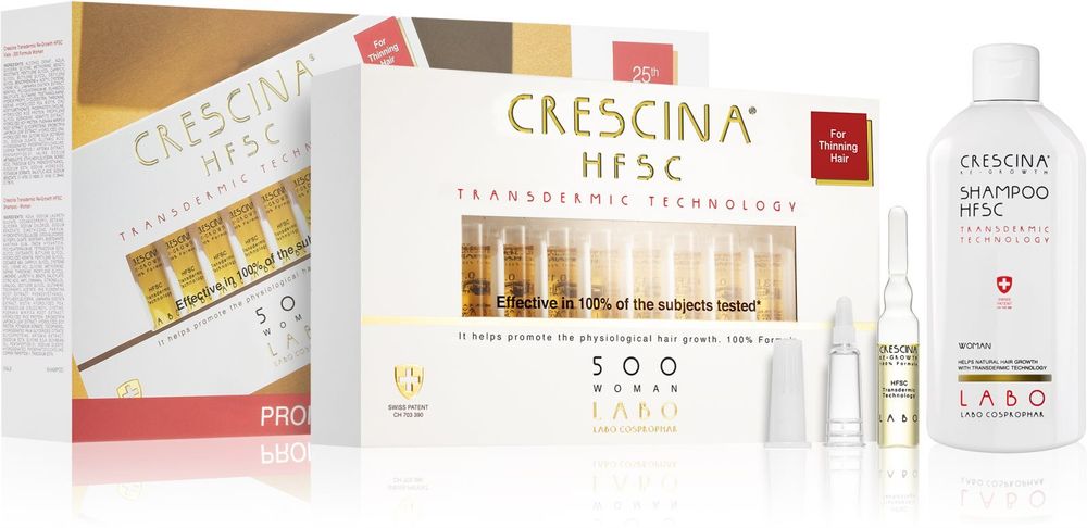 Crescina Hair growth treatment for women 20x3, 5 мл + anti-Hair loss shampoo for women 200 мл Transdermic 500 Re-Growth