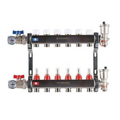 Коллекторная группа для теплого пола ROMMER RMS1210 - 1" на 6 контуров 3/4" EK