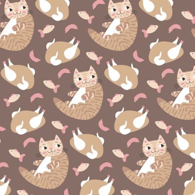 Паттерн Котик обжора. Принт ткани с кошками. Милые полосатые домашние животные для малышей. Fabric print with cats.