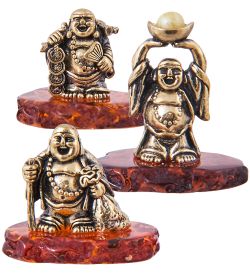 Народные промыслы AM-3819 Комплект фигурок «Хотей-Долголетие,Духовное развитие, Благополучие» (латунь, янтарь)