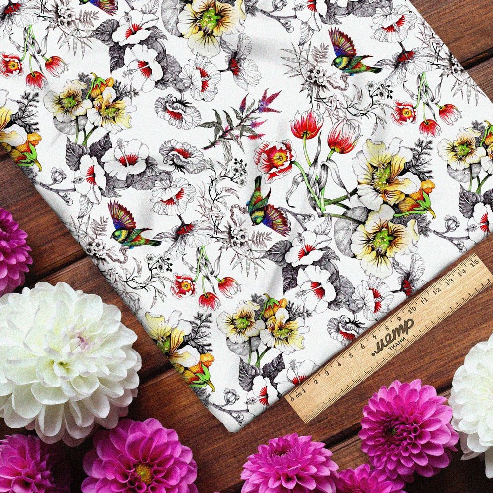 Ткань лен фантастический красочный букет с птичками