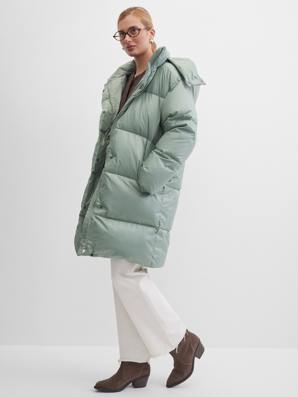 MIDI пуховик с объемным капюшоном, Green Iceberg🍃🍃🍃
