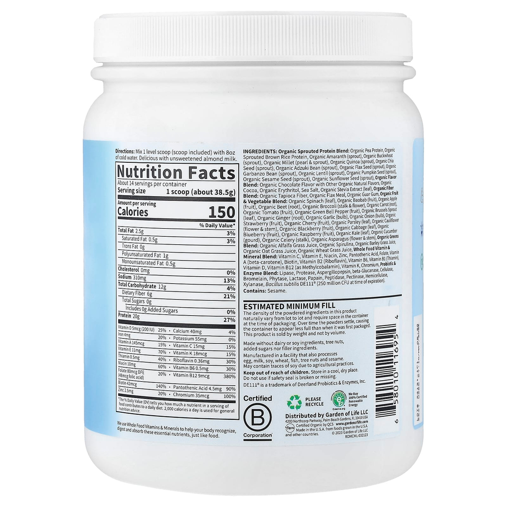 Garden of Life, RAW органический коктейль для замены приема пищи, со вкусом шоколада, 539 г (19,01 унции)