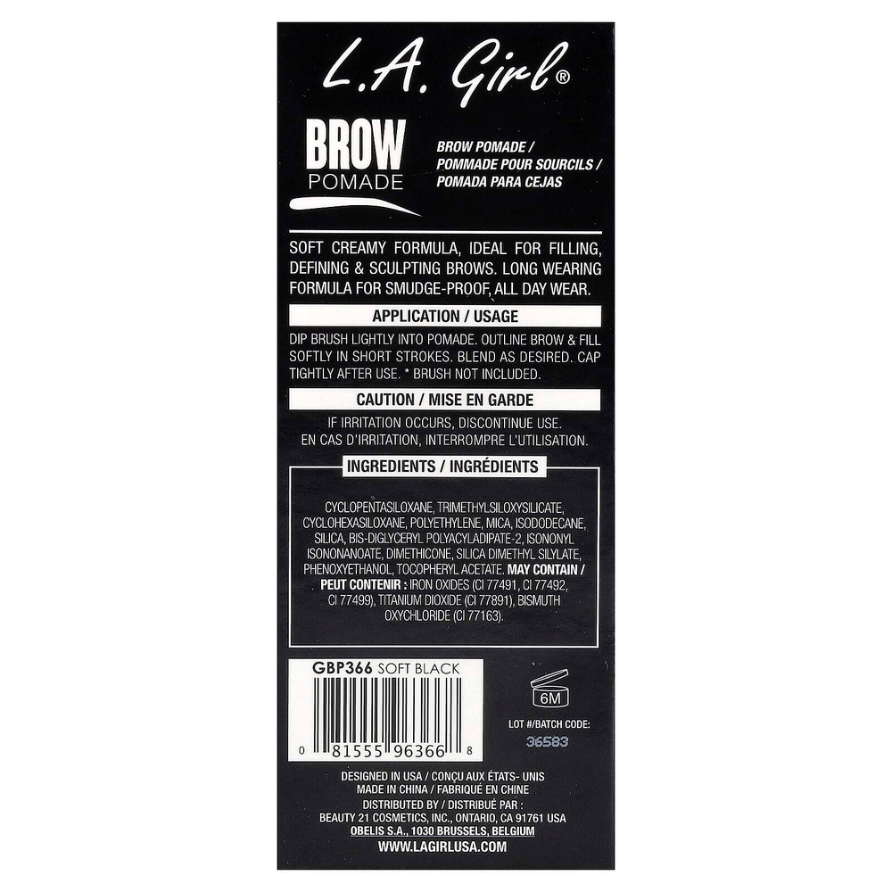 L.A. Girl, помада для бровей, GBP366, мягкий черный, 3 г (0,11 унции)