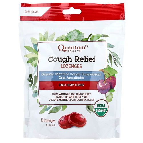 Quantum Health, Леденцы от кашля, вишня, 5 мг, 18 пастилок