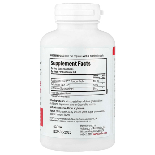 Kyolic, Aged Garlic Extract™, экстракт чеснока Aged Garlic Extract™, средство для здорового артериального давления, формула 109, 160 капсул