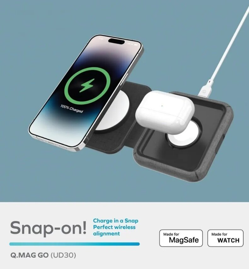 Беспроводное зарядное устройство 2 в 1 Momax Q.Mag Go 20W, складное для MagSafe + Watch, Цвет Серый