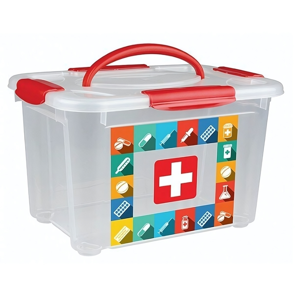 Коробка универсальная с ручкой и декором "аптечка", 283х200х170мм, 5,5л (бесцветный)