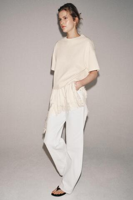 ZARA ФУТБОЛКА С КРУЖЕВНОЙ ОТДЕЛКОЙ, ЭКРЮ