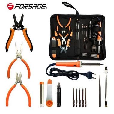 Паяльник электрич.-й с набором инструментов и аксессуаров 14пр.(220V,50Hz,60W,пинцет-2шт,кусачки,утконосы,отвертка6пр,съемник изол.,расходники)в сумке Forsage F-8272-14