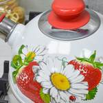 Чайник 3,5л со свистком, консольная ручка, белый "Клубника с ромашкой"