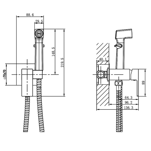 Гигиенический душ Azario Graves со смесителем, керамический картридж, скрытый монтаж, шланг 150 см, хром (AZ-KFX03)