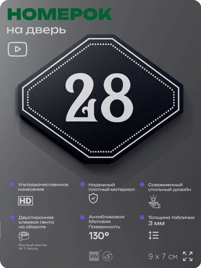Номерок на дверь квартиры 28, для кабинета, офиса, шильдик 9 х 7 см, черный, Айдентика Технолоджи