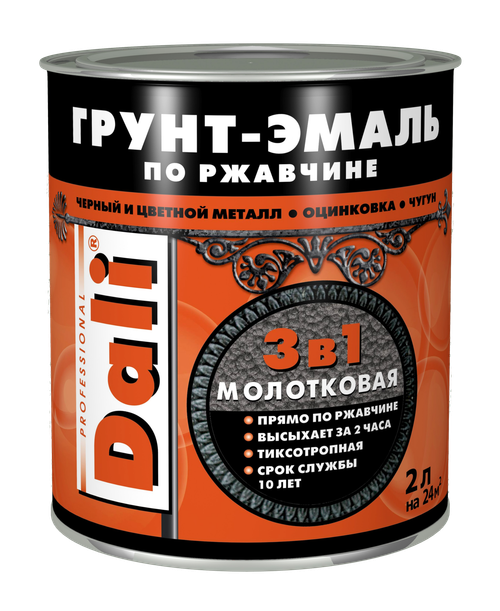 Грунт-эмаль по ржавчине Dali 3 в 1, молотковая, 2 л, черная, 29338