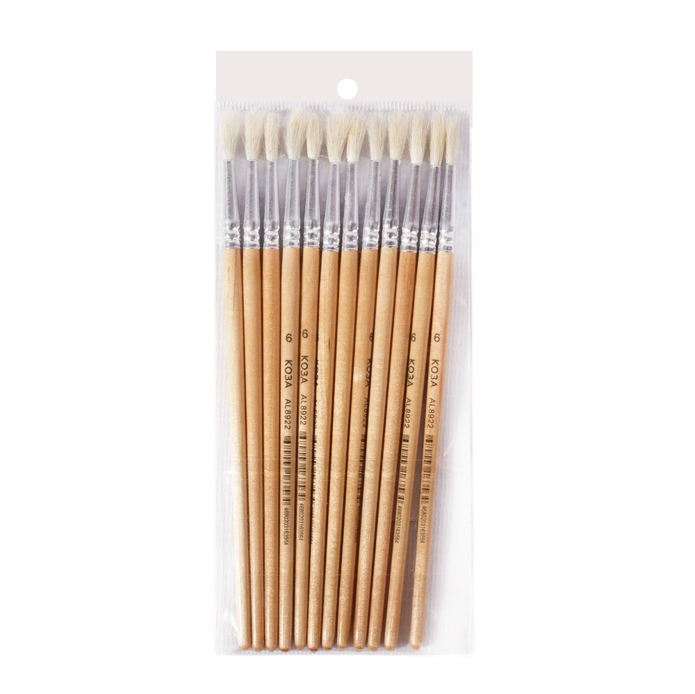 Кисть коза, Alingar, круглая, №6, деревянная ручка, 12шт/уп, европодвес
