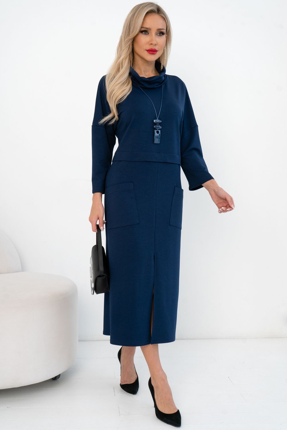 Платье трикотажное с разрезом (синий) Р11-2008/2 Nikol (Акция)