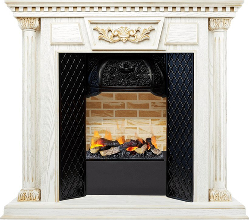 Каминокомплект Olympia - Белый дуб, патина с золотом / Кирпич с очагом Cassette 400 LNH-INT (с дровами)