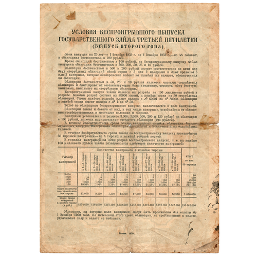 Облигация 100 рублей 1939 год. Заем 3-ей пятилетки. Серия №76695.