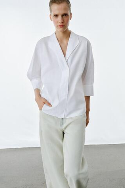 ZARA РУБАШКА С V-ОБРАЗНЫМ ВЫРЕЗОМ — ZW COLLECTION, БЕЛЫЙ