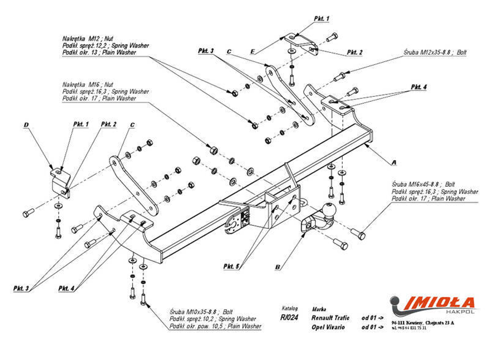 Фаркоп IMIOLA R.024 Renault Trafic 2001-2014, Nissan Primastar 2002-2014, Opel Vivaro 2001-2014(паспорт и сертификат в комплекте)(без электрики)
