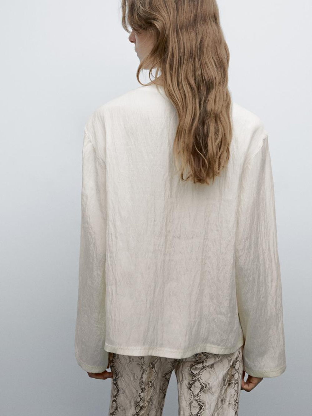 Massimo Dutti Рубашка из струящейся ткани с пуговицами на груди, натуральный, кремовый