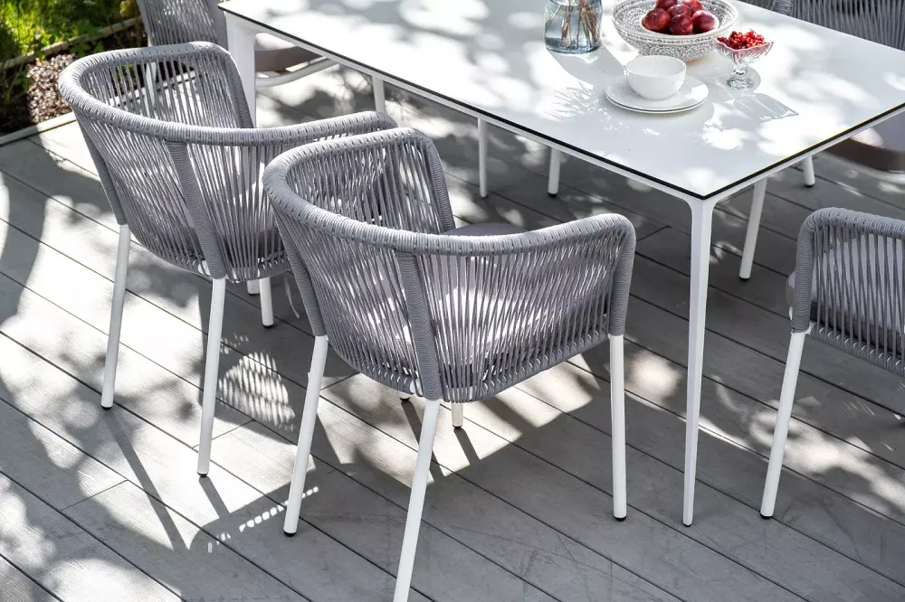 "Малага" обеденная группа на 6 персон со стульями "Марсель", каркас белый, роуп светло-серый