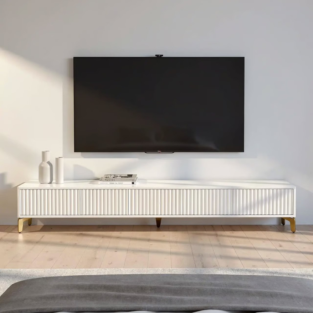 Тумба под телевизор на ножках ROYAL 5029 эко (Белый-Золото)