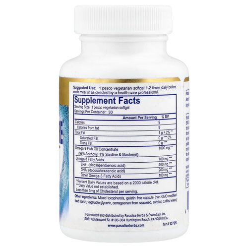 Paradise Herbs, Omega Sure®, премиальный рыбий жир с омега-3, 1000 мг, 30 вегетарианских капсул Pesco