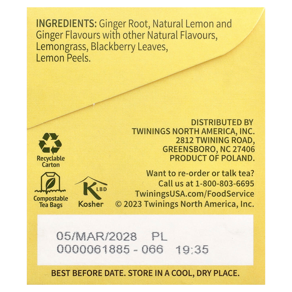 Twinings, травяной чай, без кофеина, лимон и имбирь, 25 пакетиков, 1,32 унции (37,5 г)