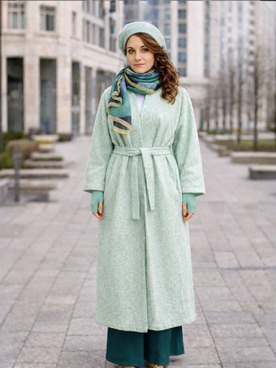 Кафтан -пальто с поясом без подкладки /шалфей