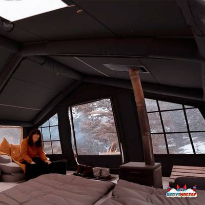 Пневмокаркасная всесезонная палатка «Тёплая Искра» 3,6×4,8×2,2 м — с печкой, из ПВХ, чёрная