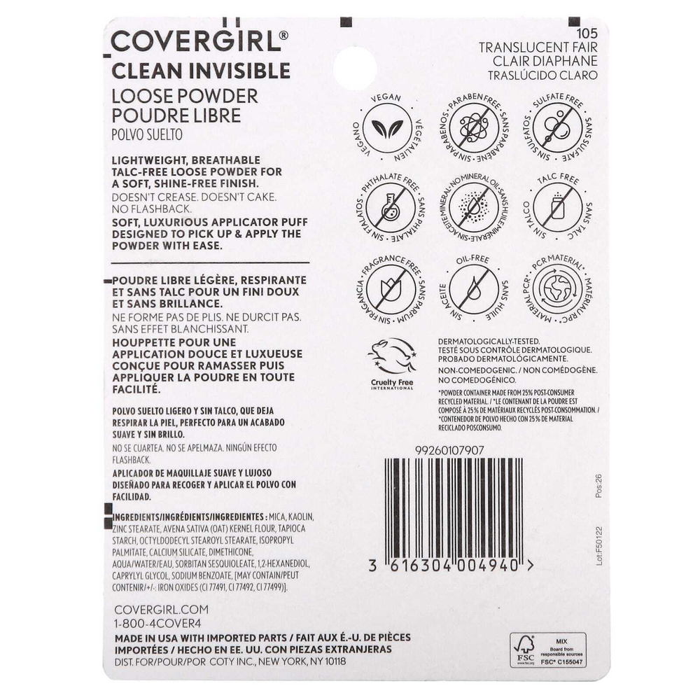 Covergirl, Clean Invisive, рассыпчатая пудра, оттенок 105 полупрозрачный светлый, 18 г (0,63 унции)