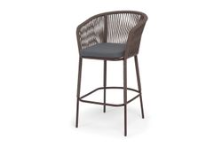 "Марсель" стул барный плетеный из роупа, каркас из стали коричневый (RAL8016) муар, роуп коричневый круглый, ткань темно-серая 027
