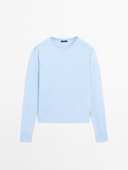 Massimo Dutti Свитер из смесовой шерсти с круглым вырезом, небесно-голубой