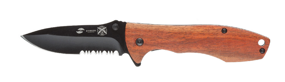 Мужской брутальный стальной складной нож с клинком 80 мм и алюминиевой из дерева Stinger FK-632SW в подарочной коробке с чехлом