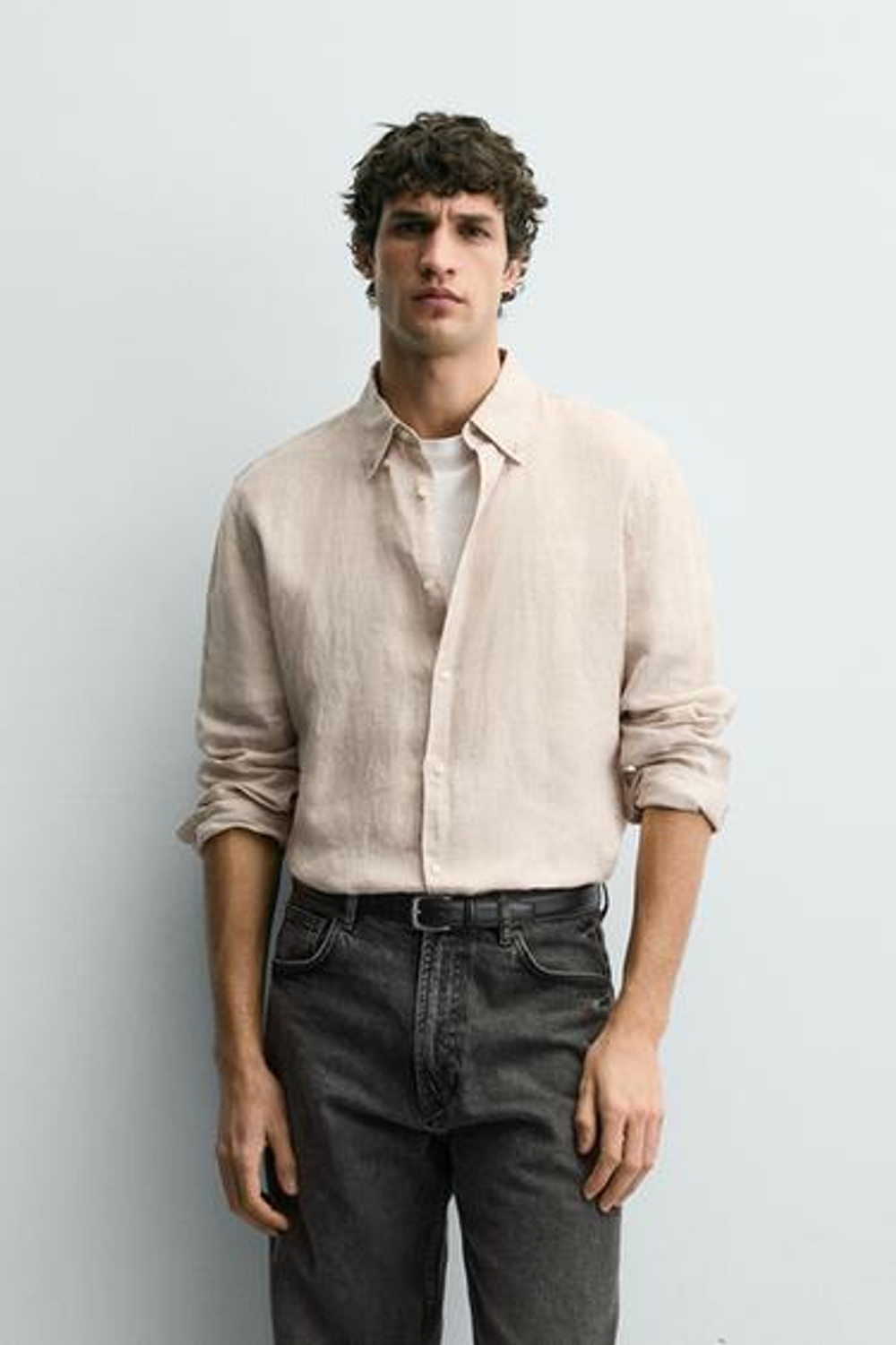ZARA РУБАШКА REGULAR FIT ИЗ 100% ЛЬНА, СВЕТЛО-БЕЖЕВЫЙ