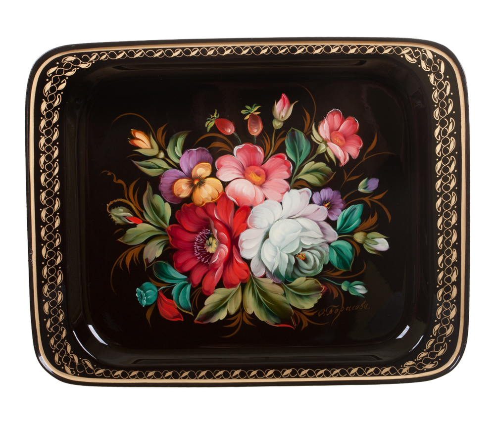 Жостовский поднос декоративный, размер 33х26 см (A13), металлический