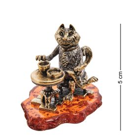 Народные промыслы AM-3057 Фигурка «Кот за чашечкой кофе» (латунь, янтарь)
