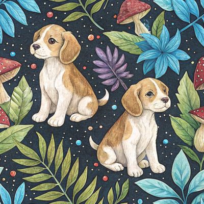 Щенки, грибы и листья на черном 1