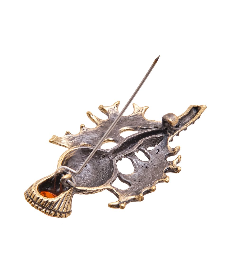 AM-3491 Брошь «Репей Чертополох» (латунь, янтарь)