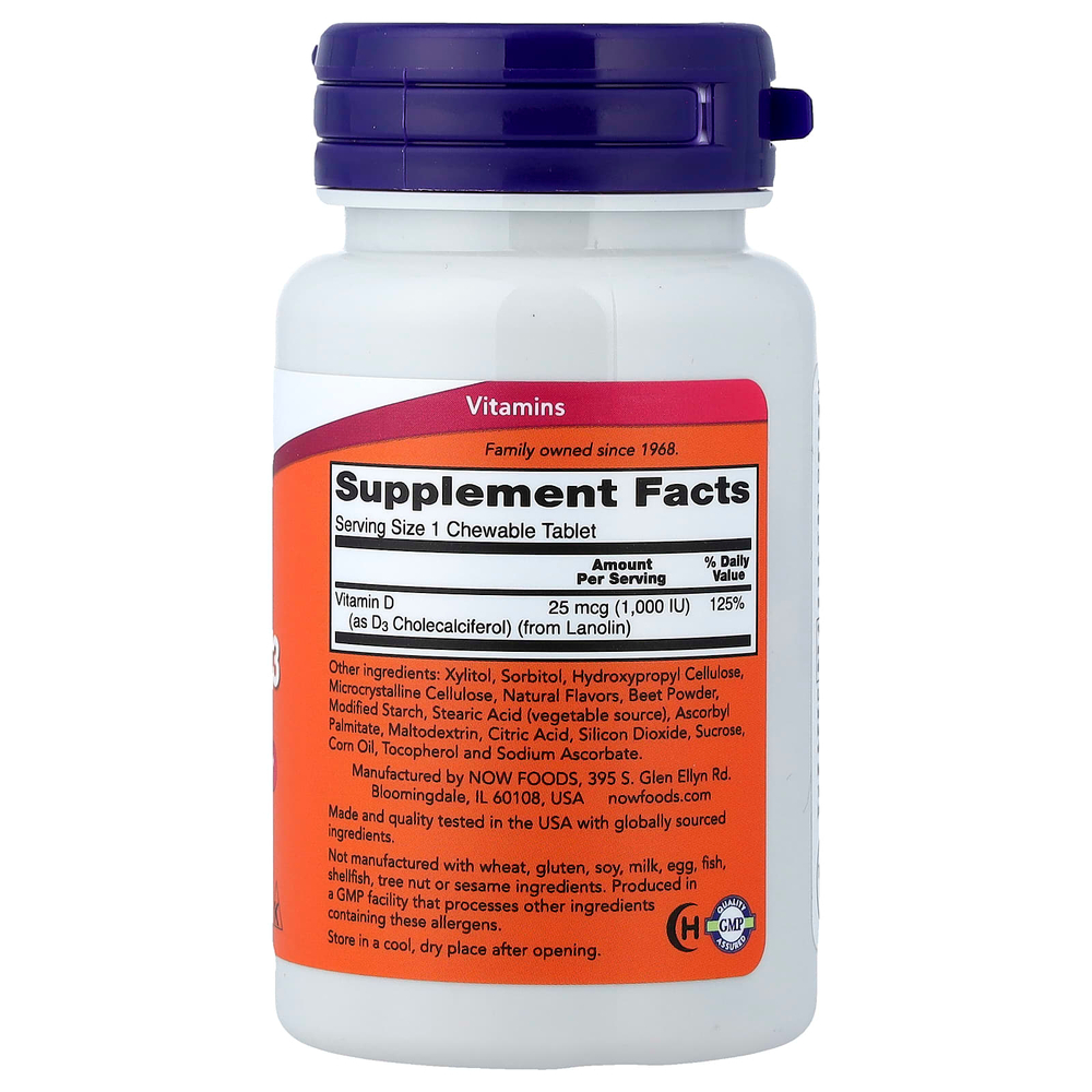 NOW Foods, жевательный витамин D3, фруктовый вкус, 25 мкг (1000 МЕ), 180 жевательных таблеток