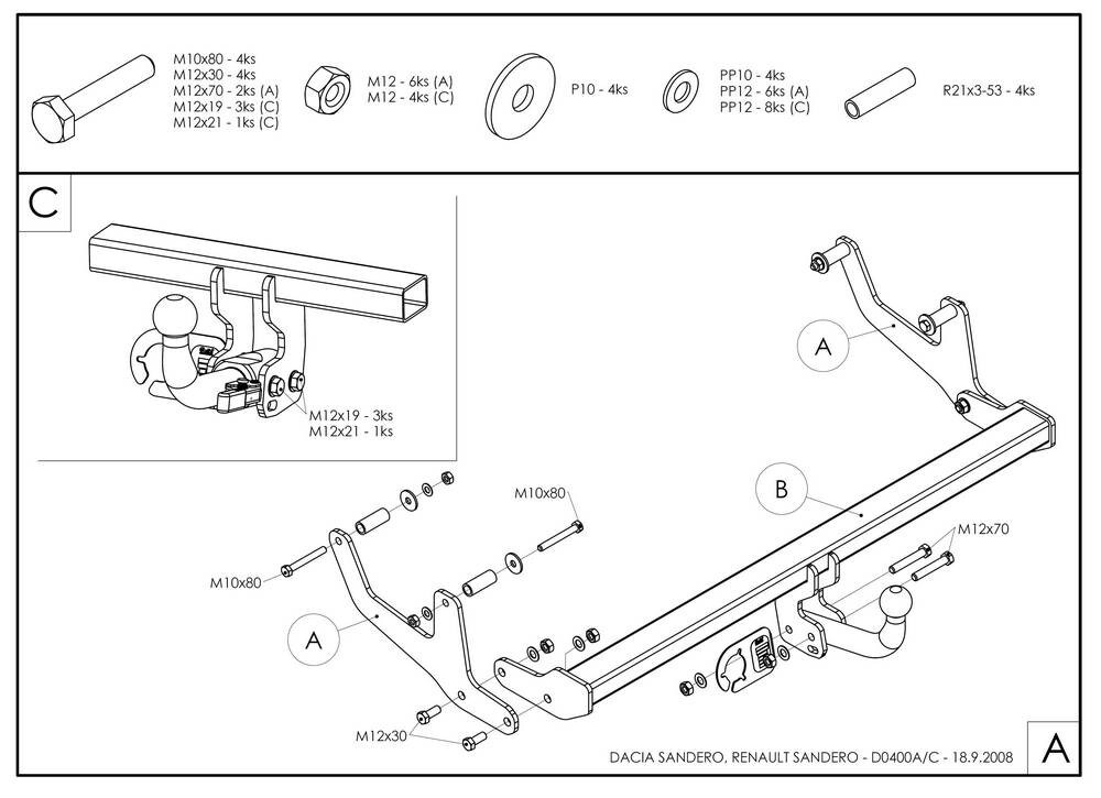 Оцинкованный фаркоп на Renault Sandero 2009-2014, Sandero Stepway 2010-2014 (без электрики), Galia D040C