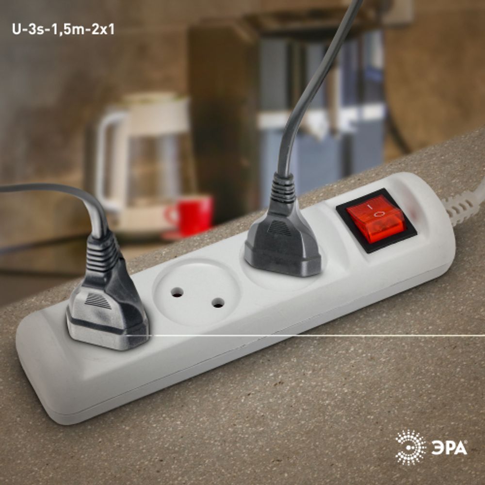 Удлинитель электрический ЭРА U-3s-1,5m-2x1 без заземления c выключателем 3 розетки 1,5м ПВС 2x1мм2 10А