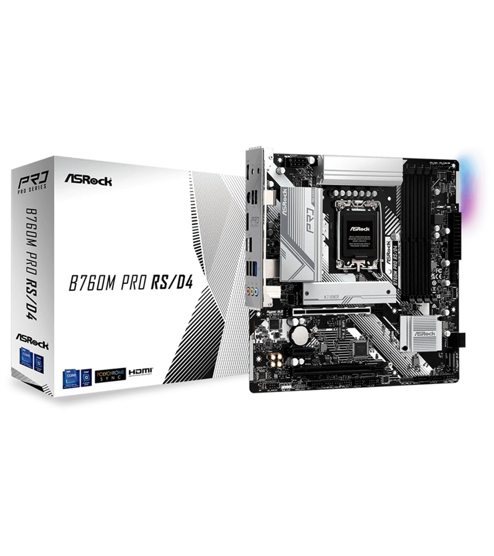 Материнская плата ASROCK B760M PRO RS, LGA1700, B760, 4*DDR5, 4*SATA, 3*M.2, 3*USB 3.2, 2*USB 2.0, Type-C, 2*PCIx16, 1xM.2 (Key E), HDMI+DP, mATX