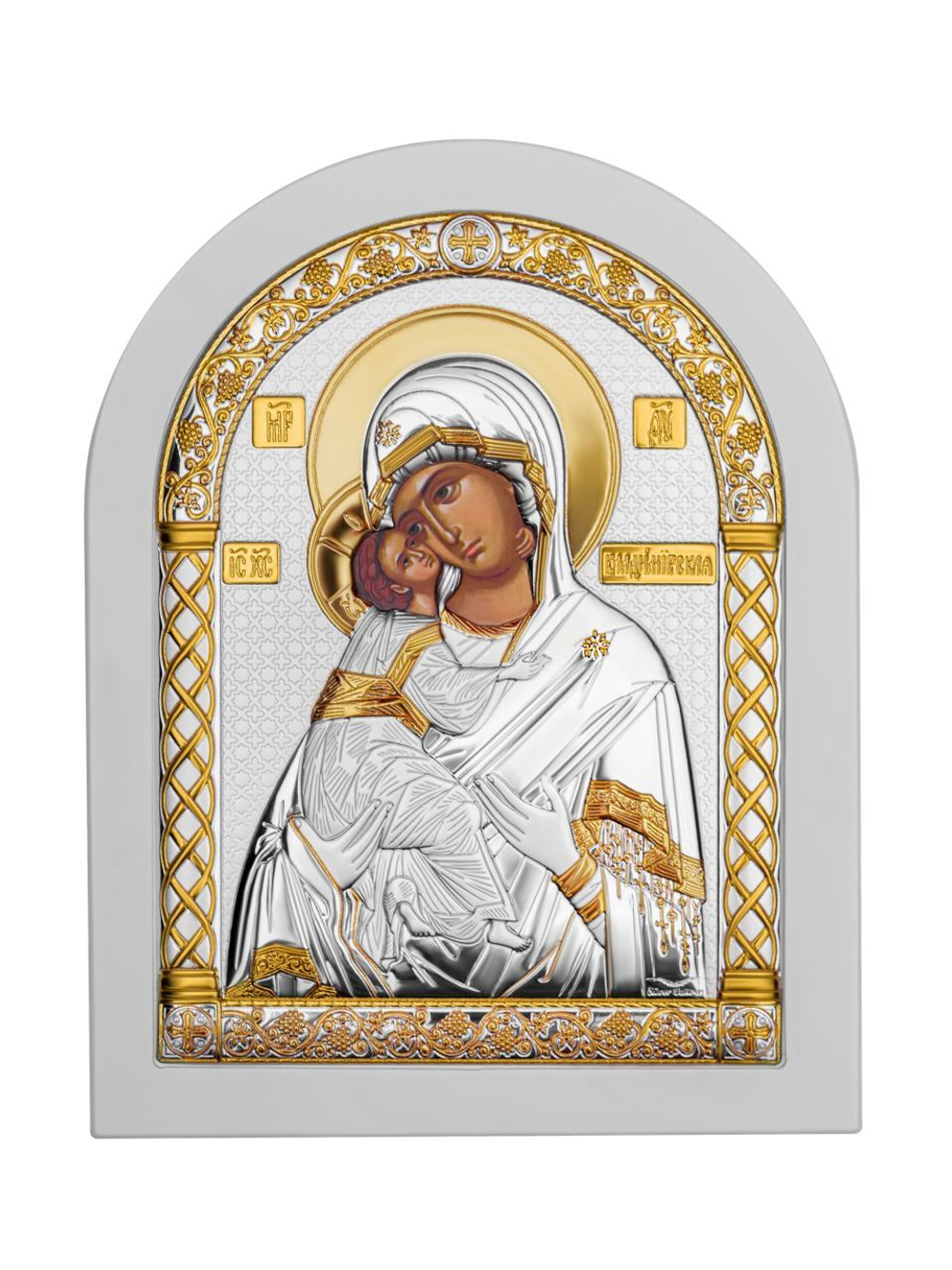 Владимирская БМ, икона арочная, белое дерево 105х140