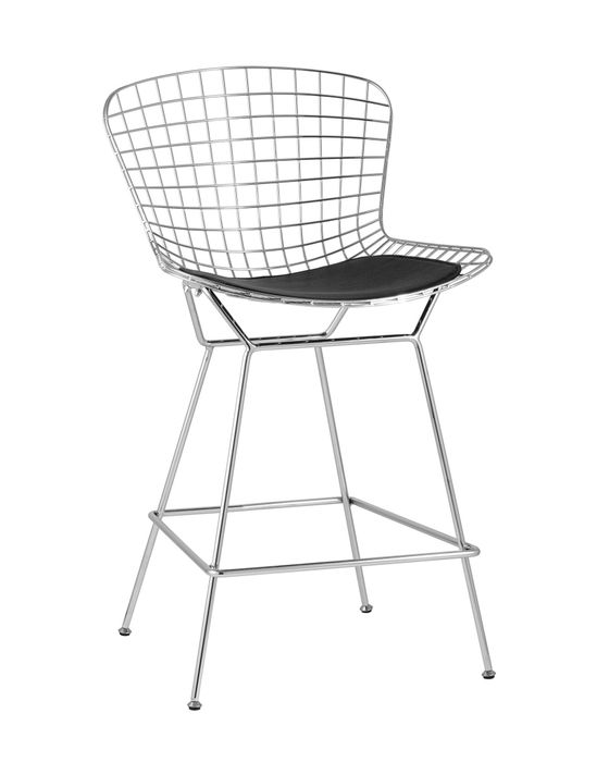 Стул полубарный с низкой спинкой Bertoia хромированный с черной подушкой Stool Group