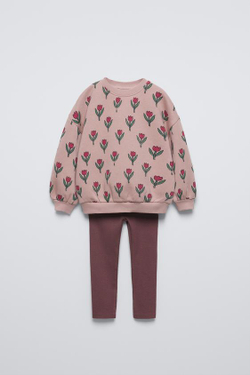 ZARA КОМПЛЕКТ ИЗ ТОЛСТОВКИ С ЦВЕТОЧНЫМ ПРИНТОМ И ЛЕГИНСОВ В РУБЧИК, ТЕРРАКОТОВЫЙ