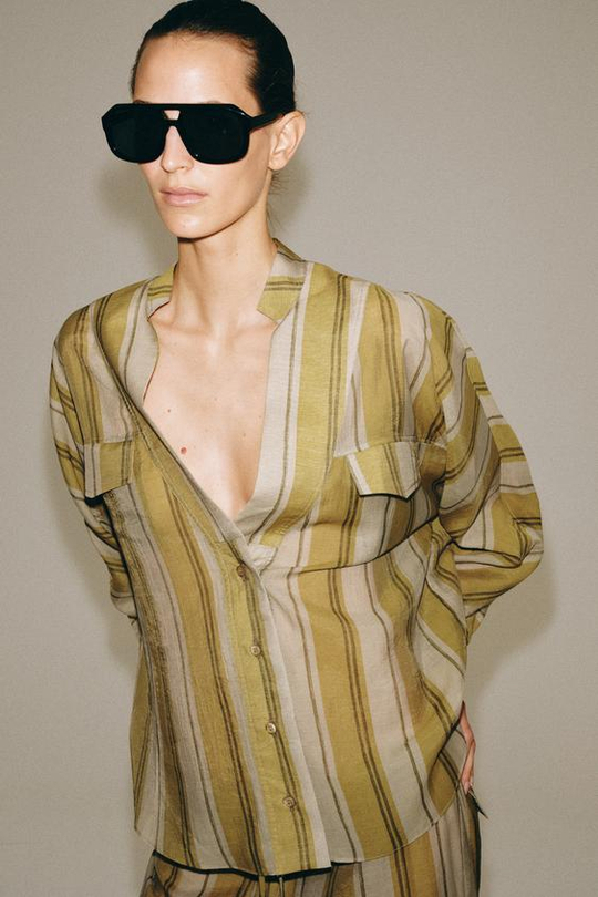 ZARA РУБАШКА В ПОЛОСКУ ZW COLLECTION, ЗЕЛЕНАЯ ПОЛОСА