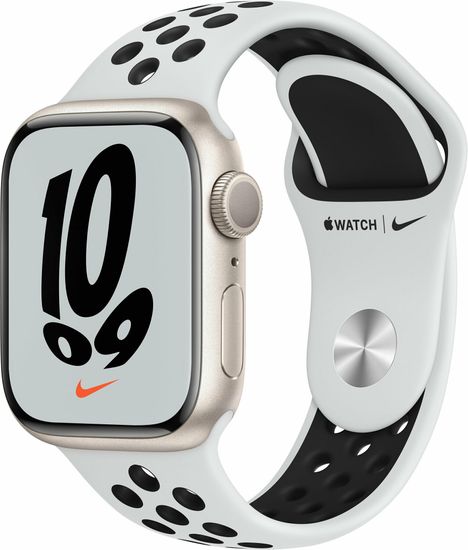 Apple Watch Nike Series 7, 41 мм, корпус из алюминия цвета «сияющая звезда», спортивный ремешок Nike цвета «чистая платина/чёрный»