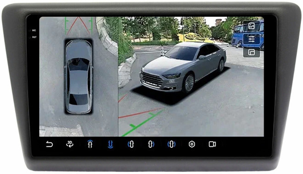 Магнитола для Skoda Rapid 1 2012-2020 (рамка тип 2) - FarCar BX3043M-360 монитор 9.5" 2K QLED на Android 13, 6Гб+128Гб, CarPlay, 4G SIM-слот, 4 камеры в комплекте